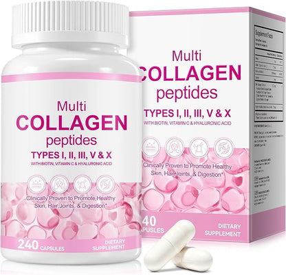 Multi Collagen Peptides Capsules, 240Pcs, Type I,II，V, X for Healthy Skin, Bone, Joint, Hair, Nail|Hydrolyzed Collagen Peptides, Easy Digestion, Unflavored for Women & Men