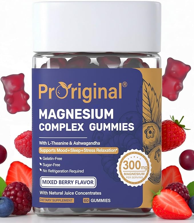 Magnesium Gummies for Stress & Sleep - 300mg Magnesium Complex with Glycinate, Citrate, Malate & Taurate - Supports Relaxation, Muscle & Heart Health - Vegan, Sugar-Free, Non-GMO - 60 Gummies
