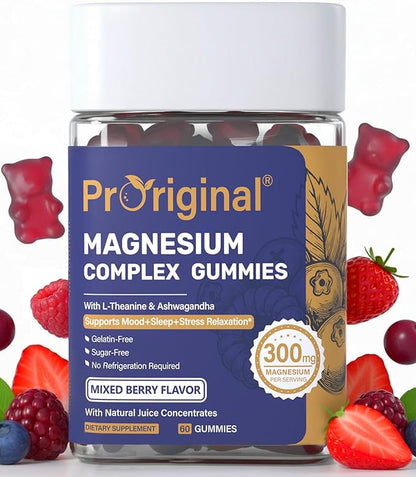 Magnesium Gummies for Stress & Sleep - 300mg Magnesium Complex with Glycinate, Citrate, Malate & Taurate - Supports Relaxation, Muscle & Heart Health - Vegan, Sugar-Free, Non-GMO - 60 Gummies