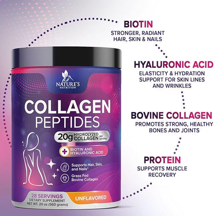 Collagen Peptides Powder - Hydrolyzed Type 1 & 3 Collagen Peptides 20g per Serving with Hyaluronic Acid & Biotin - Vital Nail, Skin & Joint Support - No Sugar, Unflavored, Bottled in USA - 28 Servings