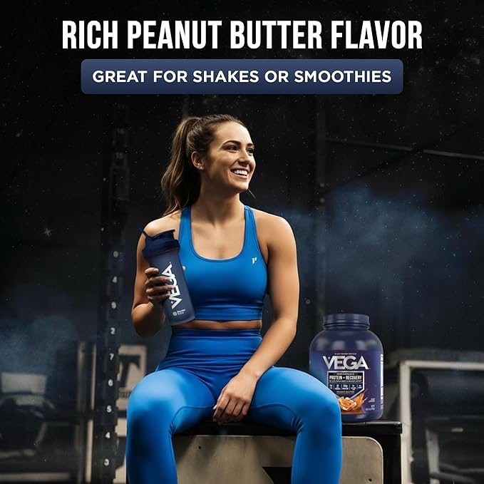 Vega Sport Vegan Protein Powder + Recovery - 30g Plant Based Protein per Serving, Peanut Butter, 45 Servings, 5g BCAAs, Probiotics, NSF Certified, for Shakes & Smoothies, 4.2lbs (Packaging May Vary)