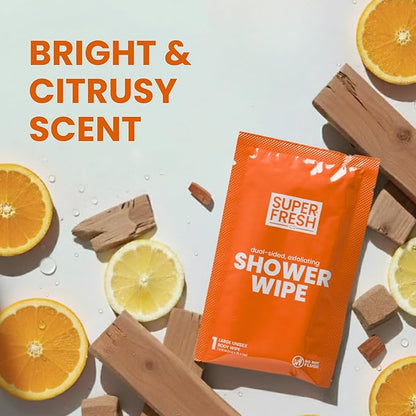Super Fresh Shower Wipes Large Citrus & Cedar Body Wipes for No Rinse Bathing Personal Hygiene Gym Travel or Camping Enriched with Aloe and Vitamin E 10 Individually Wrapped Disposable Sheets
