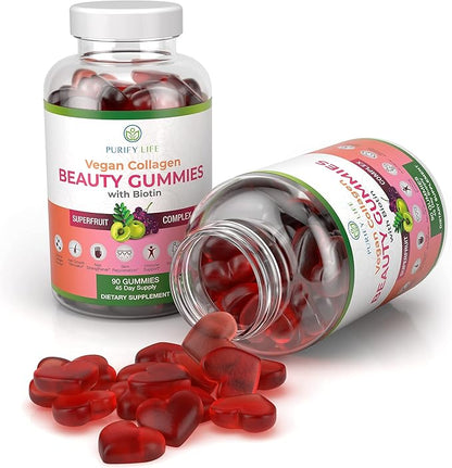 Vegan Collagen Gummies with Biotin Vitamins for Hair Skin and Nails Health, (90 Chews) Collagen Support Superfruit Complex with Resveratrol, Vitamin A, E, C - Replace Capsules, Pills