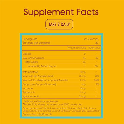 Tanning Gummies with Astaxanthin, Beta-Carotene, Vitamin C, & Vitamin E - All Natural Skin Support, Sugar-Free Formula, Vegan, Non-GMO, 60 Gummies for Radiant Healthy Skin