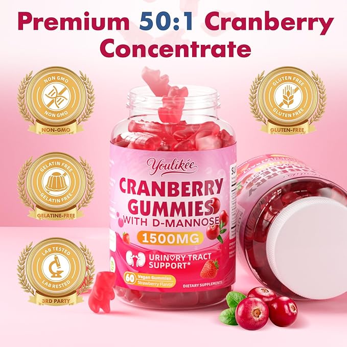2 Pack Vegan Cranberry Gummies with D Mannose - Supports Urinary Tract Health for Women & Men, Sugar-Free, Non-GMO and Gluten Free, Strawberry Flavor, 120 Count