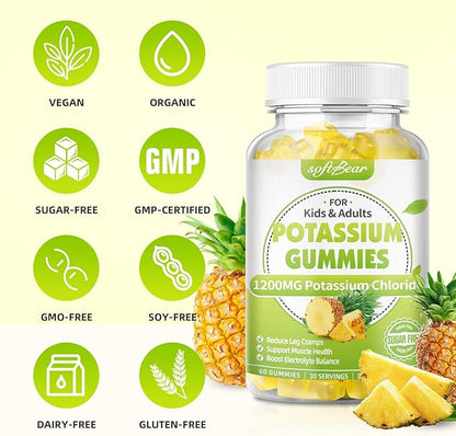 softbear Potassium Chloride Gummies 1200mg, Sugar-Free Potassium Gummies for Adults Support Leg Cramps High Potency Potassium Chloride Supplement, Pineapple Flavor 60 Count