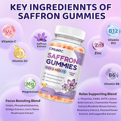 Saffron Gummies for Kids & Adults, 20-in-1 Saffron Supplements with 88.5mg Saffron Extract, B6, B12, C, D3, Magnesium for Calm, Focus, Nerve, Sugar Free, Vegan, Non-GMO Peach Mango Flavor, 120 Counts