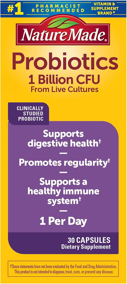 Nature Made Probiotics for Women and Men, Probiotic Capsules 1 Billion CFU from Live Cultures for Immune & Digestive Support, 30 Capsules, 30 Day Supply,(Pack of 2)
