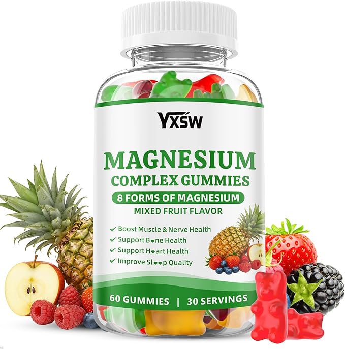 Magnesium Complex Gummies 8 Elemental 1000mg - Magnesium Glycinate, Citrate, Malate, Taurate, Supports Bones, Muscle, Nerve Health, for Women & Men, Vegan Non-GMO, Mixed Flavors, 60 Count
