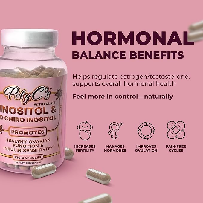 POLYC'S Inositol Supplement for Women - Myo-Inositol & D-Chiro Inositol Capsules 40:1 Ratio, Hormone Balance Aid and Women's Menstrual Health, Ovarian & Ovulation Support, Vegan, 120 Capsules