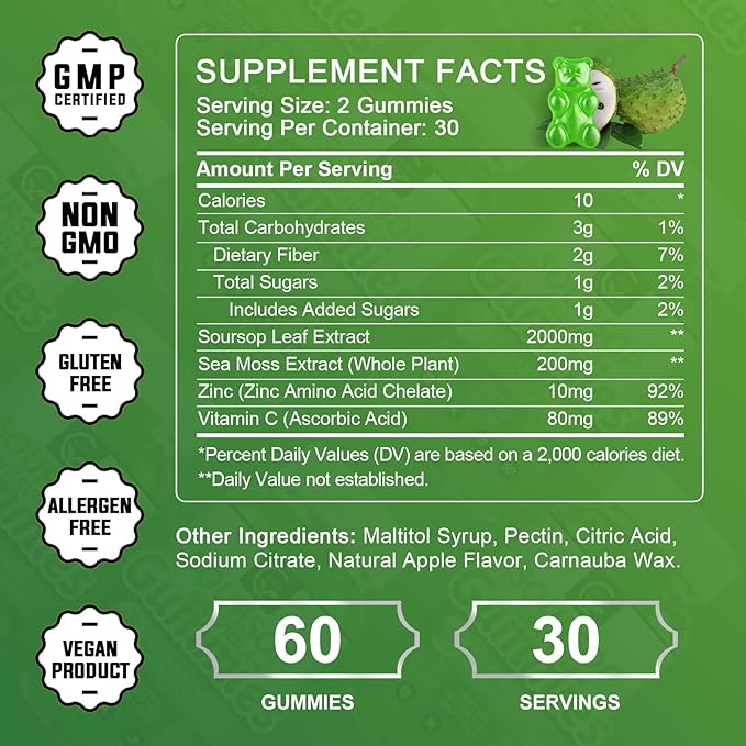 Organic Soursop Graviola Gummies - 2200mg Extra Strength Soursop Leaves Extract w/Sea Moss Extract 200mg, Zinc & Vitamin C - Supports Immunity, Liver, Zzz & Antioxidant, Gluten Free, Vegan, 60 Gummies