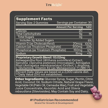 TruHeight Growth Gummies (Grape) Tall Nutrition for Natural Growth Supplement for Kids & Teens - Vitamin D, K, Calcium & Ashwagandha, Bone Strength Vitamins D3 K2, Picky Eater, Taller Ages 5+