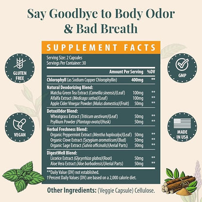 Women's Body Deodorizing Supplement – Chlorophyll Capsules for Body Odor, Fresh Breath & Gut Detox, for Social Confidence – Vegan with Matcha Green Tea, Apple Cider Vinegar (60 Caps)