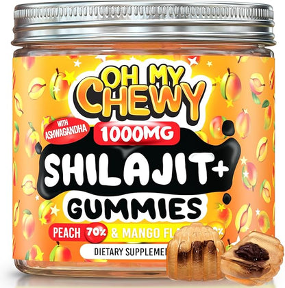 OH MY CHEWY Pure Himalayan Shilajit Gummies - High Potency Gold Grade Resin - Energy Boost and Immune Support for Men and Women with Ashwagandha and Shatavari - 120 Gummy - Peach & Mango