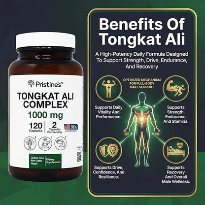 PRISTINE'S Tongkat Ali Capsules - 1000MG 60 Day Supply - Athletic Performance Support - Lean Mass Muscle Building Herbal Supplement for Men & Women - Vegan, Gluten Free, Non GMO