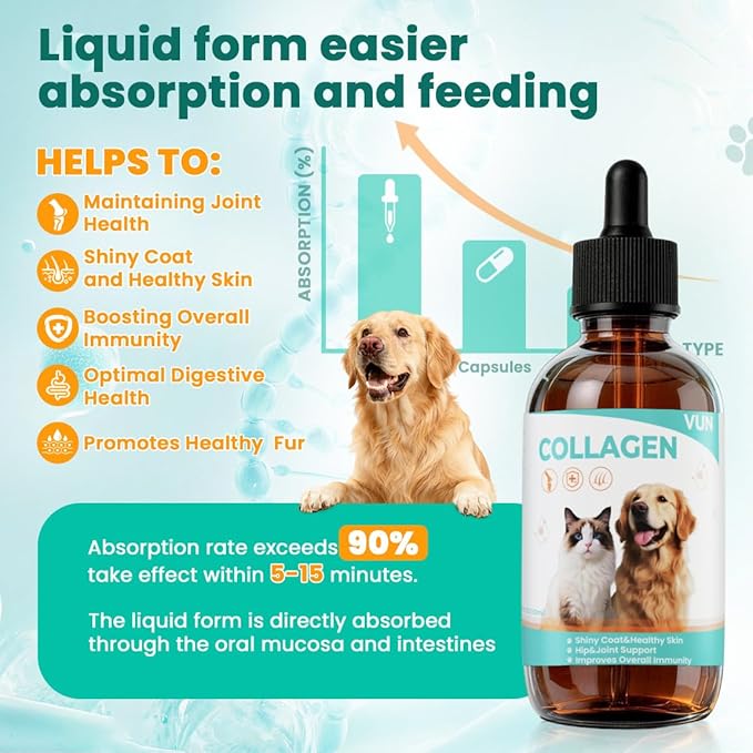 Liquid Collagen for Dogs Cats-Hip & Joint Support, Itch Relief, Skin & Coat Health-Collagen Drop Supplement with Triple Complex (Types I, II,V),MSM, Biotin & Ginger-2 fl oz Bacon Flavor