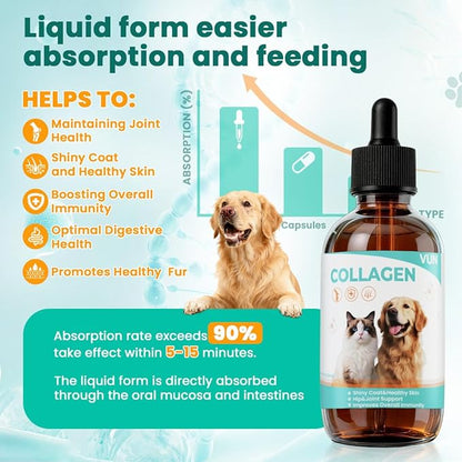 Liquid Collagen for Dogs Cats-Hip & Joint Support, Itch Relief, Skin & Coat Health-Collagen Drop Supplement with Triple Complex (Types I, II,V),MSM, Biotin & Ginger-2 fl oz Bacon Flavor