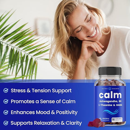 NutraChamps Calm Gummies, Stress Gummies Supplement with Ashwagandha, L-Theanine, GABA, Vitamin B6 & Lemon Balm, 90 Gummies (Pack of 2)