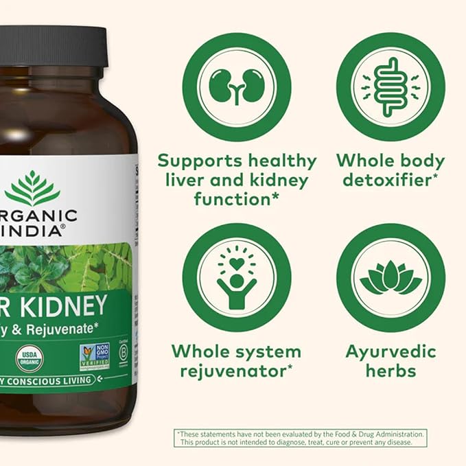 ORGANIC INDIA Liver Kidney Herbal Supplement - Detoxify & Rejuvenate, Supports Healthy Liver & Kidney Function, Vegan, Gluten-Free, Kosher, USDA Certified Organic, Non-GMO - 180 Capsules