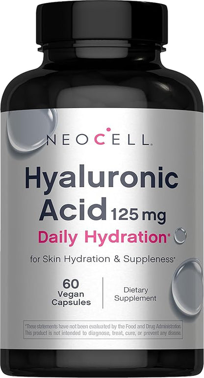 NeoCell Hyaluronic Acid Capsules | 60 Pills | 125 mg | Daily Hydration | Hair, Skin & Nails | Vegan Supplement