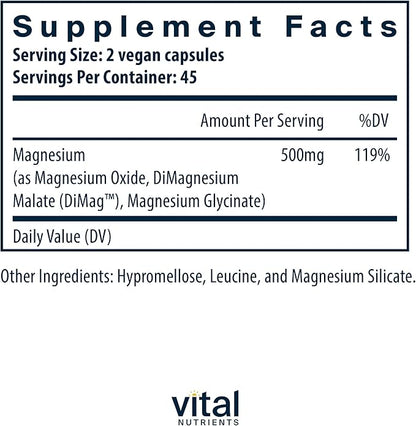 Vital Nutrients Triple Magnesium Complex Supplement | Vegan Magnesium Glycinate, Malate & Oxide 250mg | Easily Absorbed Magnesium Supplement for Stress, Muscle, Heart, Bone Support | 90 Capsules