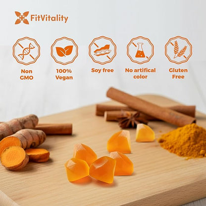 Premium 120 Turmeric Ginger Cinnamon Gummies – Vegan Gummies with Vitamin E, B12, Magnesium, Black Pepper Extract & Vitamin D3 – Orange Fruit Flavor