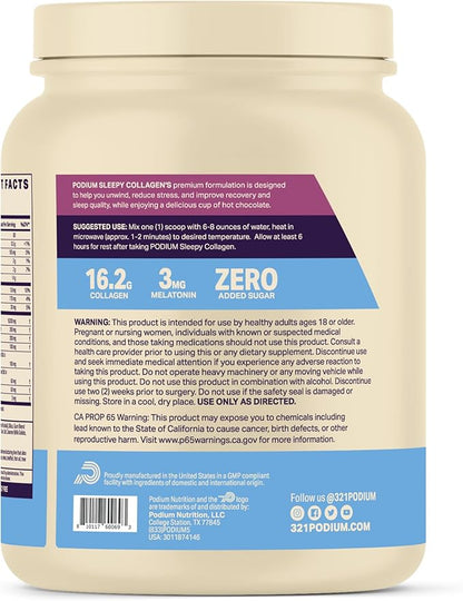 Podium Nutrition, Sleepy Collagen with Melatonin, Hot Chocolate, 25 Servings, Collagen Protein, Gluten Free, Soy Free