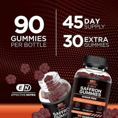 Effective Nutra Saffron Gummies for Adults 88.5mg - Mood Support & Stress Relief with GABA, Passion Flower - 5-in-1 Formula - Sugar-Free, Vegan, Non-GMO, Made in USA - 90 Count (45-Day Supply)