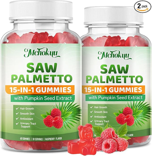 Saw Palmetto Gummies 600mg for Men & Women – Pumpkin Seed Oil Gummies with Saw Palmetto Supplement for Hair Growth & Skin Health, DHT Blocker - Sugar Free, Non-GMO, Raspberry Flavor 120 Count