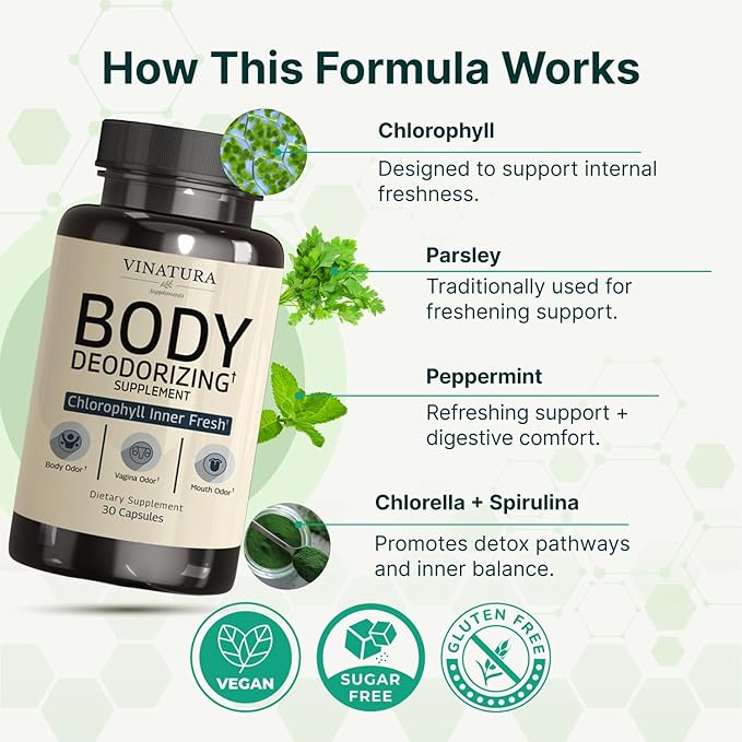 VINATURA Body Deodorizing Supplement for Women - Magic Chlorophyll Pills for Body Odor Eliminator, it Works for Her Internal Deodorant, 30 Capsules