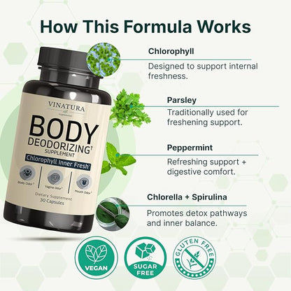 VINATURA Body Deodorizing Supplement for Women - Magic Chlorophyll Pills for Body Odor Eliminator, it Works for Her Internal Deodorant, 30 Capsules