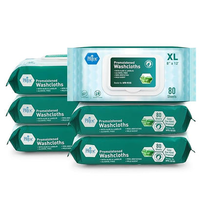 MED PRIDE Extra Soft XL Premoistened Disposable Adult Washcloths 8” X 12” Bath Wipes for Sensitive Skin with Aloe Vera, Case of 480 (80ct, Pack of 6)