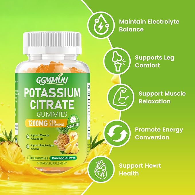 Potassium Citrate Gummies 1200mg, Chewable Potassium Supplement for Adults & Kids - Supports Muscle Health, Leg Cramps & Electrolyte Balance, Sugar-Free, Vegan, Pineapple Flavor, 60 Count