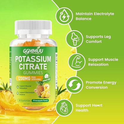 Potassium Citrate Gummies 1200mg, Chewable Potassium Supplement for Adults & Kids - Supports Muscle Health, Leg Cramps & Electrolyte Balance, Sugar-Free, Vegan, Pineapple Flavor, 60 Count