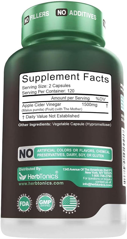 Herbtonics Raw Apple Cider Vinegar Capsules 1500mg with Mother | Weight Management, Detox & Digestion Formula with GLP-1 Support | Unfiltered ACV for Metabolic Support | 240 Vegan Capsules