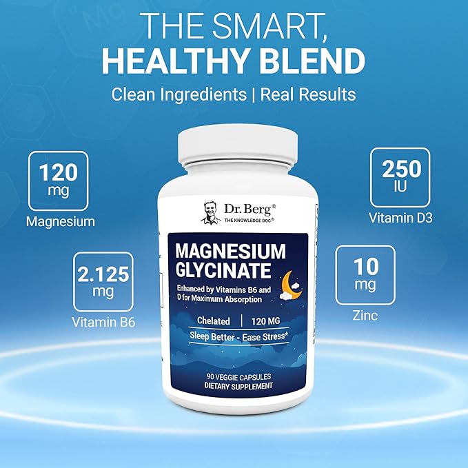 Dr. Berg Magnesium Glycinate 90ct – 4-in-1 Chelated for Muscle, Nerve, Sleep & Stress Support*– w/ D3, B6 & Zinc – 4X Lab-Tested – No Fillers – Formulated in USA, GMP-Certified