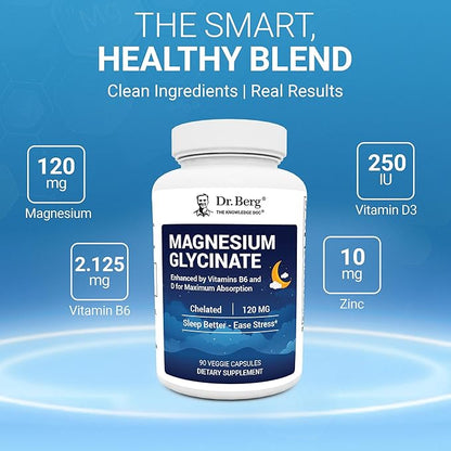 Dr. Berg Magnesium Glycinate 90ct – 4-in-1 Chelated for Muscle, Nerve, Sleep & Stress Support*– w/ D3, B6 & Zinc – 4X Lab-Tested – No Fillers – Formulated in USA, GMP-Certified