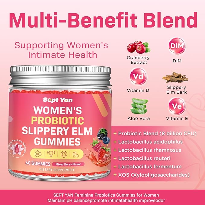 Feminine Probiotic Slippery Elm Gummies with Dim, Cranberry, Aloe Vera, Vitamin D3 & E for Women pH Balance, Gut Health & Immune System, Promote Vaginal Health for Women, Mixed Berry Flavor 60 Counts
