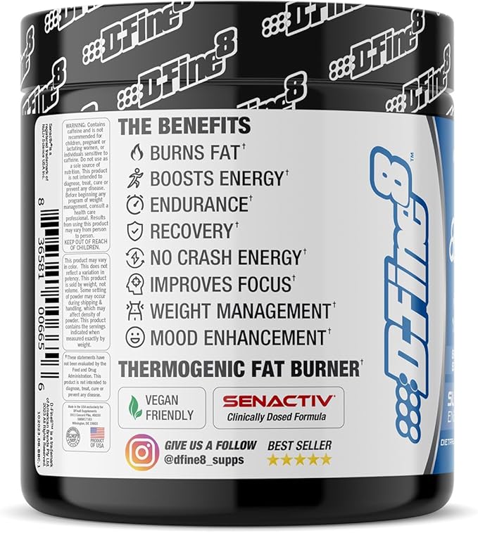 Thermogenic Pre-Workout Energy Powder & Shredding Supplement, Boost Energy Mood & Focus, Sugar Free, Contains Senactiv, Endurance, 300mg Caffeine, N-Acetyl-L-Tyrosine (Bada Bing Blue Cherry)