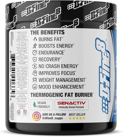 Thermogenic Pre-Workout Energy Powder & Shredding Supplement, Boost Energy Mood & Focus, Sugar Free, Contains Senactiv, Endurance, 300mg Caffeine, N-Acetyl-L-Tyrosine (Bada Bing Blue Cherry)