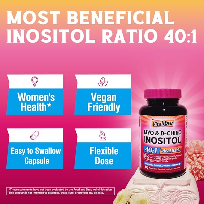 Inositol Supplement, Myo-Inositol & D-Chiro Inositol Supplements for Women, 40:1 Ideal Ratio, Hormone Balance and Women’s Wellness, 80 Vegan Capsules
