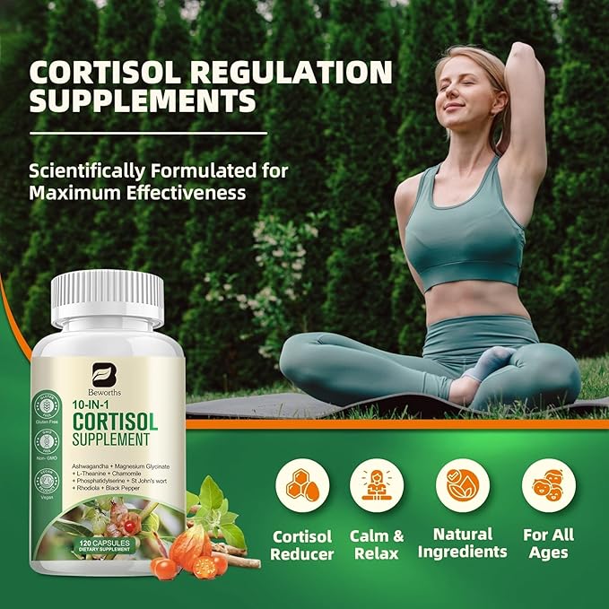 Cortisol Supplements for Women Men, 10-in-1 Cortisol Detox with Ashwagandha, Magnesium, L-Theanine, Balanced Cortisol Levels, Night & Calm Support, 120 Vegan Capsules