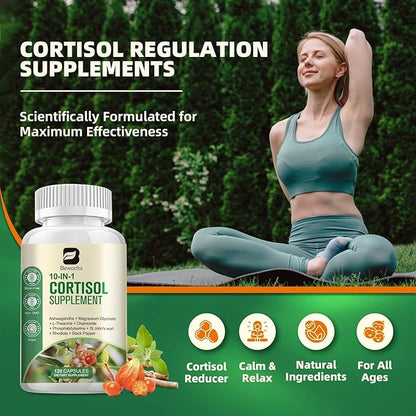 Cortisol Supplements for Women Men, 10-in-1 Cortisol Detox with Ashwagandha, Magnesium, L-Theanine, Balanced Cortisol Levels, Night & Calm Support, 120 Vegan Capsules
