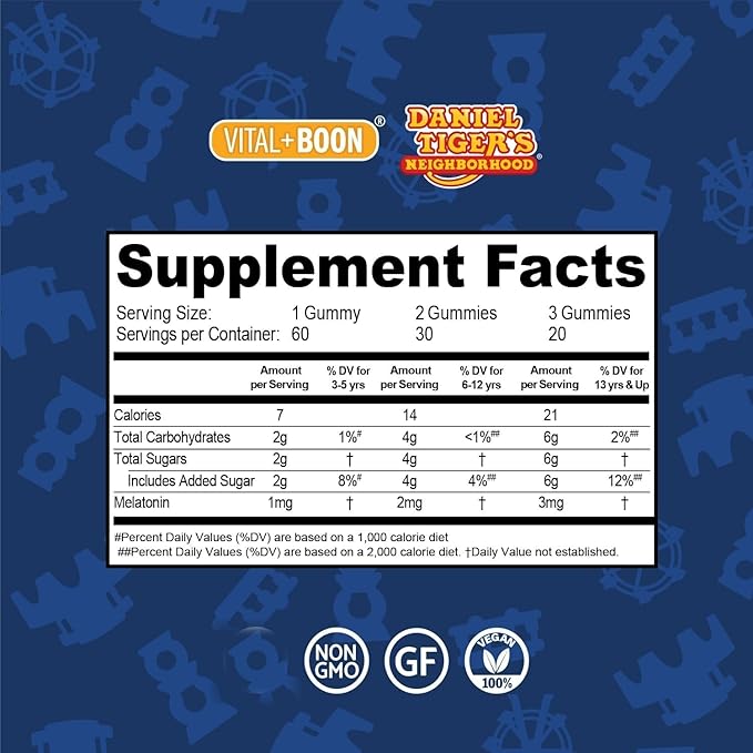 Vital+Boon Daniel Tiger - Kids Melatonin Gummies for Children Ages 3 & Up (60 Count) Sleep Gummies for Kids Supports Natural Sleep Non Habit Forming - Vegan, Non GMO Gluten Free Gummy