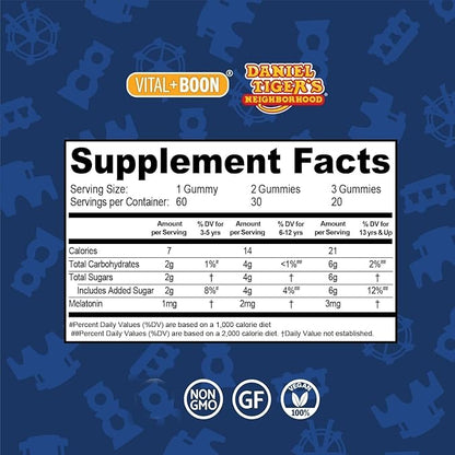 Vital+Boon Daniel Tiger - Kids Melatonin Gummies for Children Ages 3 & Up (60 Count) Sleep Gummies for Kids Supports Natural Sleep Non Habit Forming - Vegan, Non GMO Gluten Free Gummy