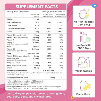 Probiotics for Kids, Kids Probiotic-Multivitamin Gummies with 5 Billion CFUs for Digestive Health & Immune Support, with Vitamins, Prebiotics, Minerals for Children, Natural Peach Flavor, 45 Servings