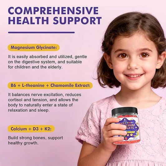 Magnesium Glycinate Gummies for Kids 4+ & Adults- Melatonin Free Sleep Aid, Magnesium Glycinate 150/300 mg Supplements for Calm & Relaxation Support, Sugar Free Strawberry Flavor, 120 Ct