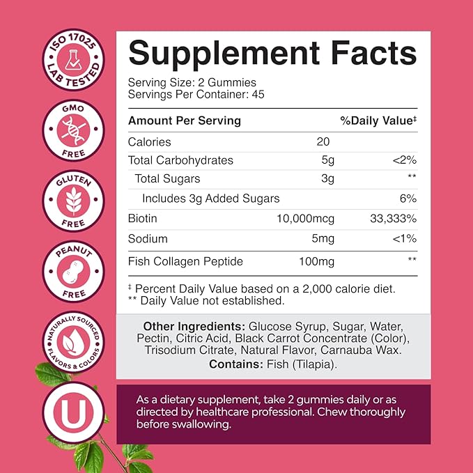 Hair Skin and Nails Gummies for Women - Extra Strength Biotin and Collagen Gummies for Women Hair Skin Nails Support - Non-GMO Kosher Marine Collagen Biotin 10000mcg per serving - 90 Count