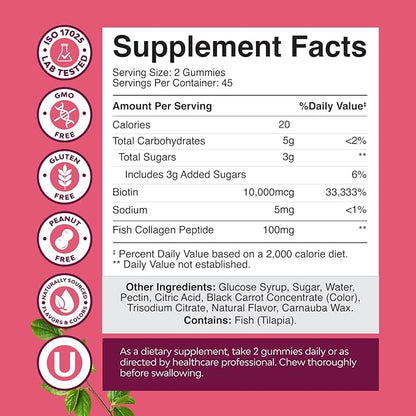 Hair Skin and Nails Gummies for Women - Extra Strength Biotin and Collagen Gummies for Women Hair Skin Nails Support - Non-GMO Kosher Marine Collagen Biotin 10000mcg per serving - 90 Count