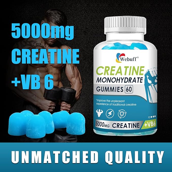 Creatine Gummies Monohydrate Complex 5000mg 60 Count Gummies Taurine + Vitamin B6 for Muscle Strength, Muscle Builder, Energy Boost, Pre Workout (60 Count (Pack of 1))